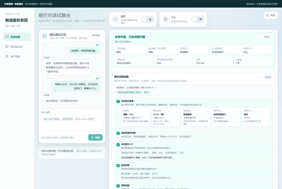演示询价对话:分条补充德国服装货物的重量、尺寸、运输方式和邮编
