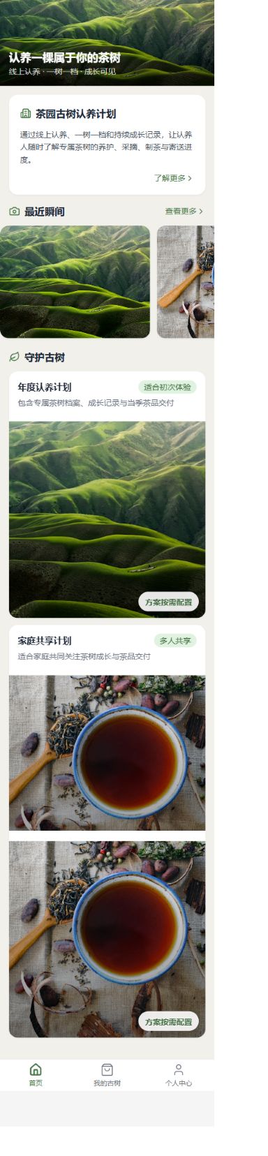 茶树认养H5首页，展示项目介绍、相册和认养套餐