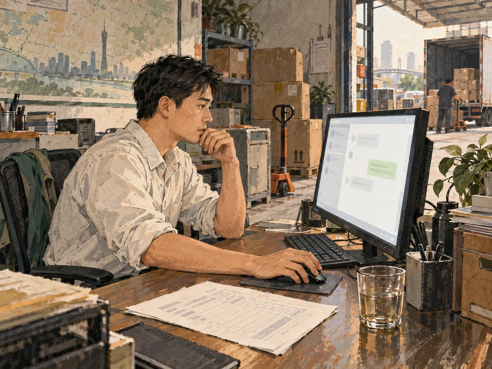 AI生成情境插画:仓库旁的办公室里,一名虚构货代员工停下手边的工作,看向电脑上的聊天界面。